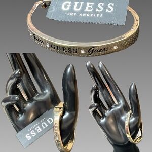Guess Gold-Tone Polished Logo Name Text Script Pave Accent Hinge Bangle Bracelet
